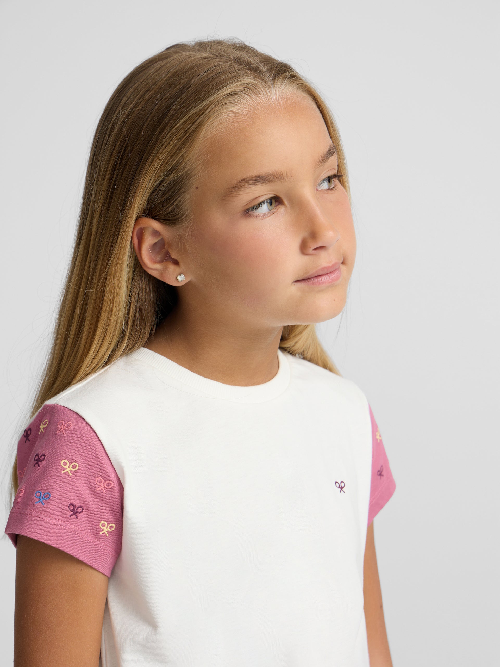 T-shirt fille raquettes manches roses blanc