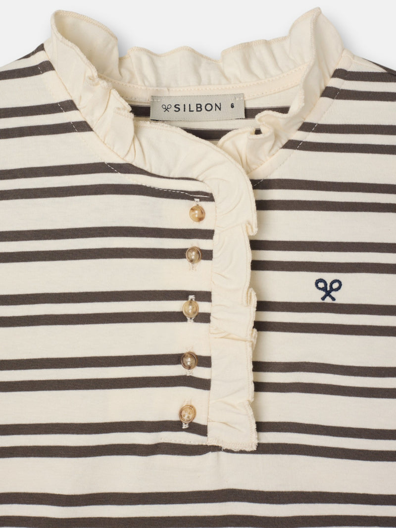Girl's t-shirt with ruffled collar, camel and ecru stripes