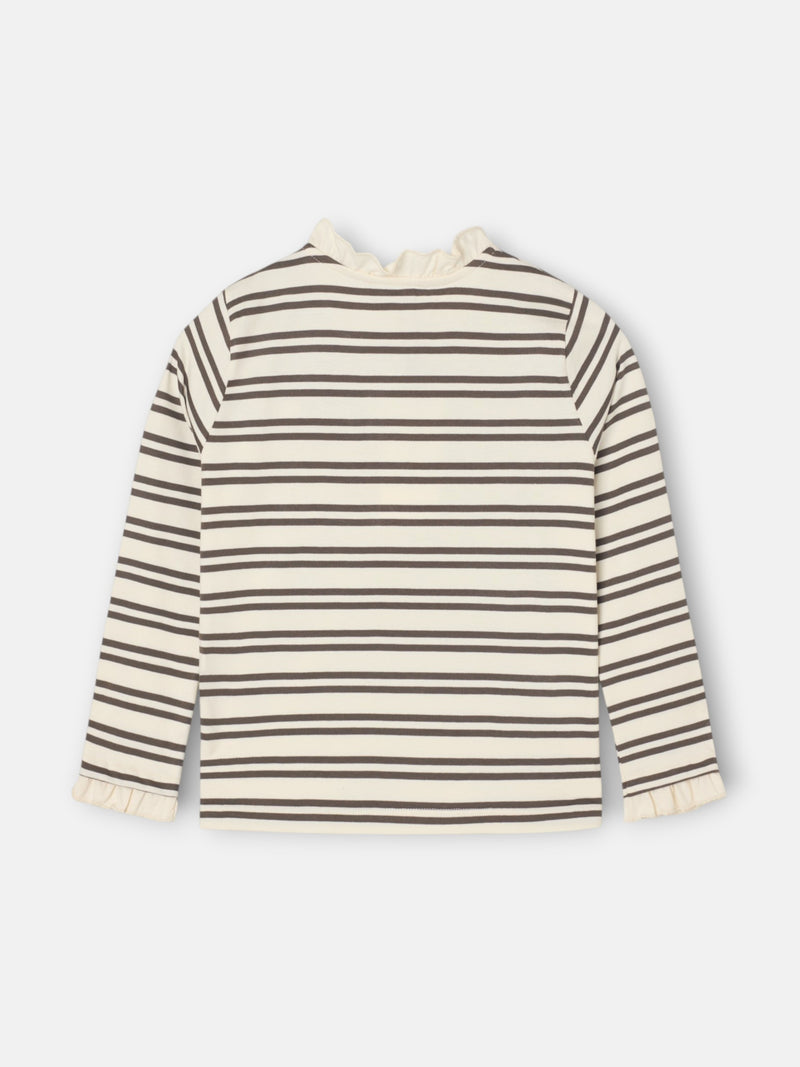 Girl's t-shirt with ruffled collar, camel and ecru stripes