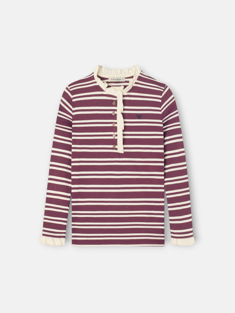 Girl's t-shirt with ruffled collar, burgundy and ecru stripes