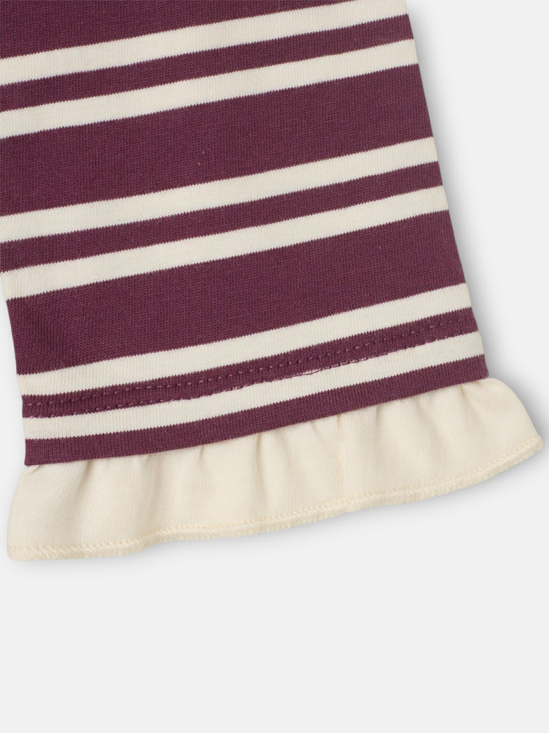 Girl's t-shirt with ruffled collar, burgundy and ecru stripes