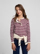 Girl's t-shirt with ruffled collar, burgundy and ecru stripes