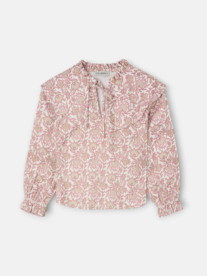 Blusa menina estampado flores rosa e branco