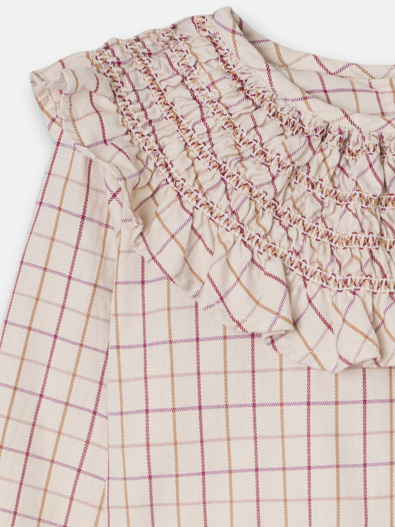 Blusa girl cuello volante cuadros beige