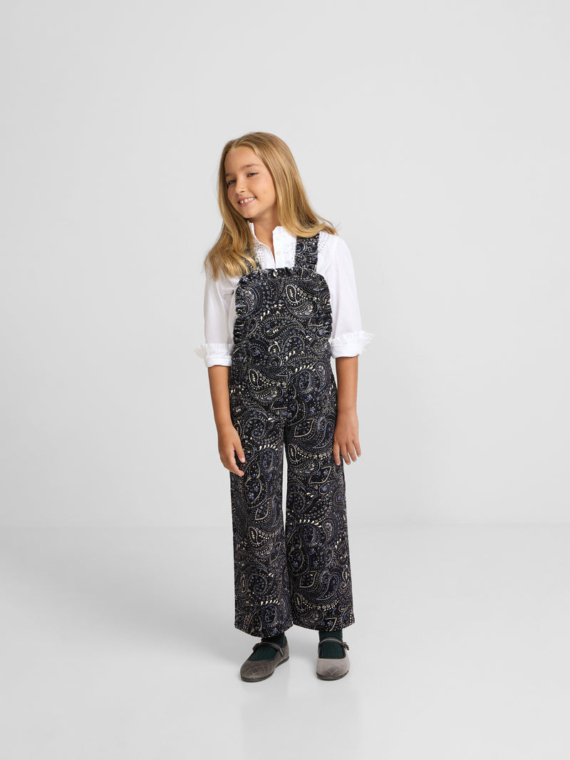 Girl's blue paisley print micro-corduroy dungarees