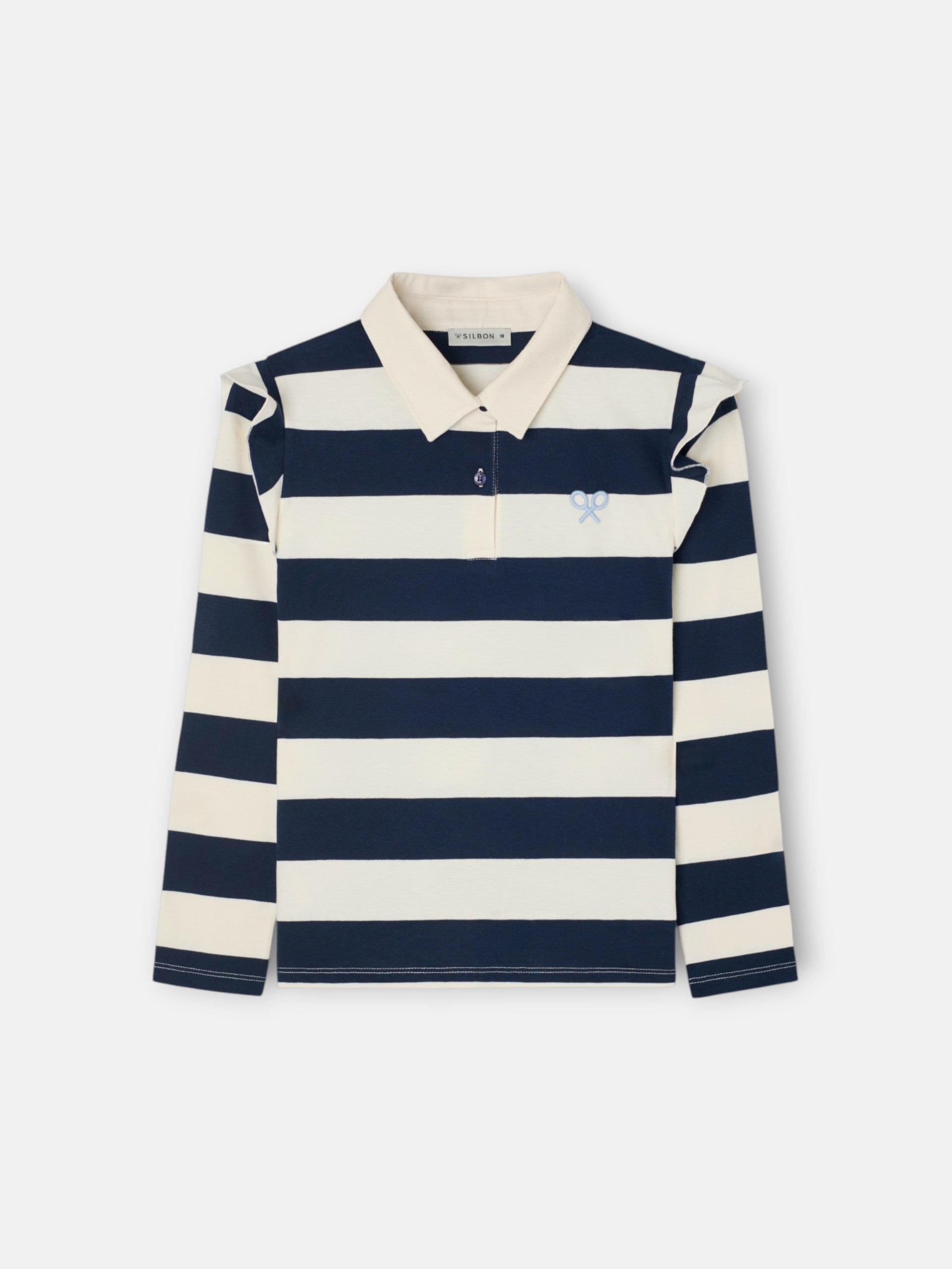 Polo de menina de manga comprida às riscas azul-marinho e cru