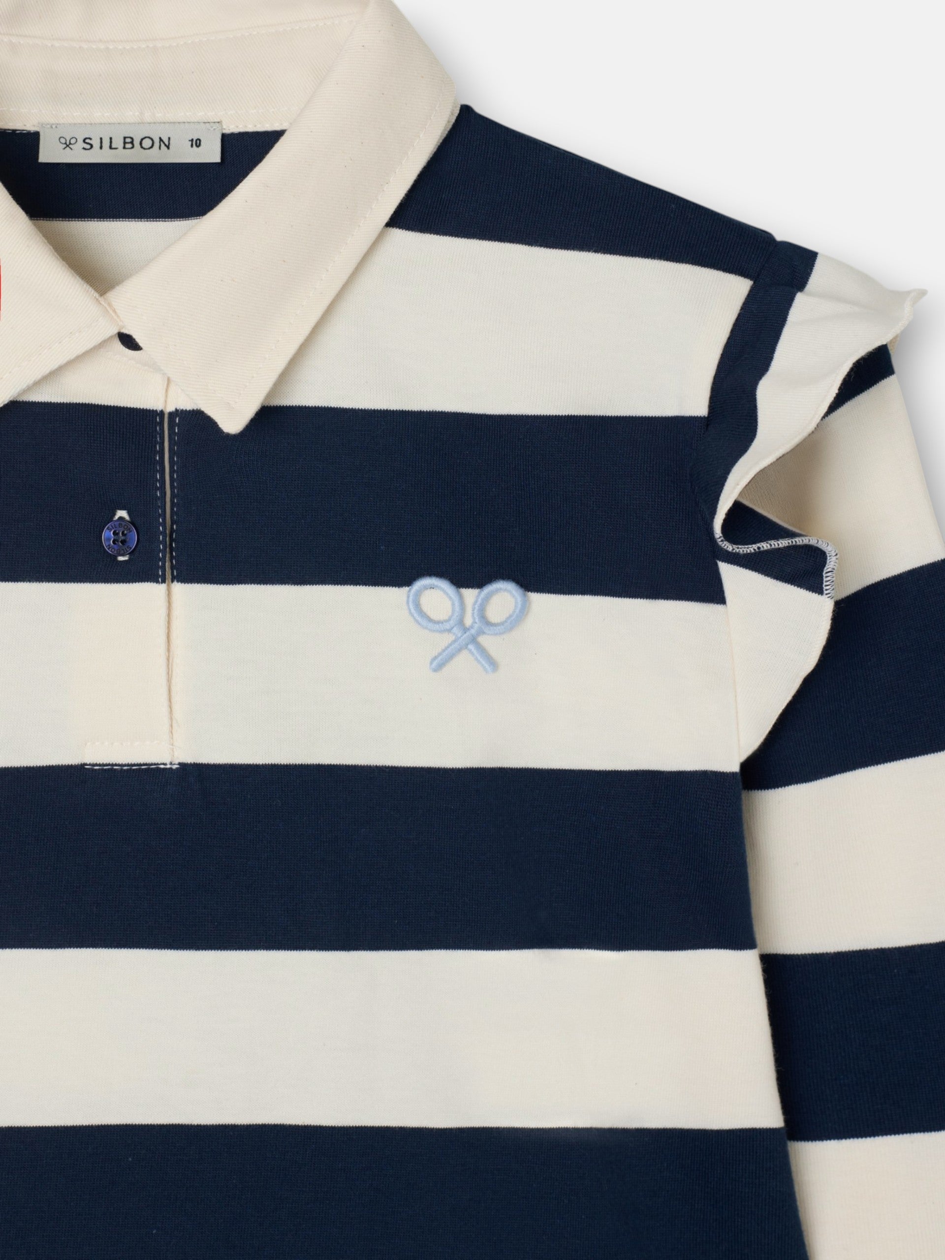 Polo de menina de manga comprida às riscas azul-marinho e cru