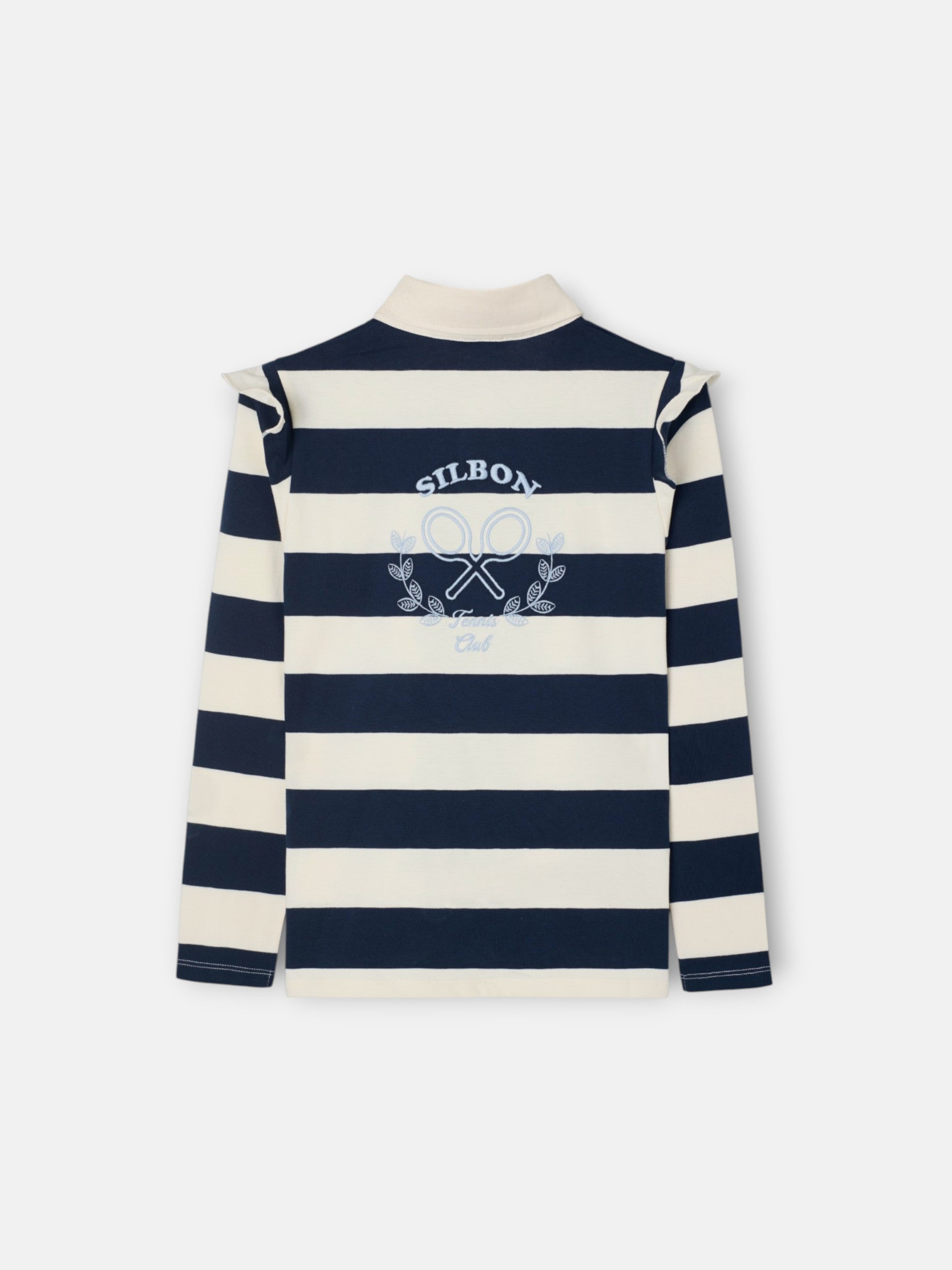 Polo de menina de manga comprida às riscas azul-marinho e cru