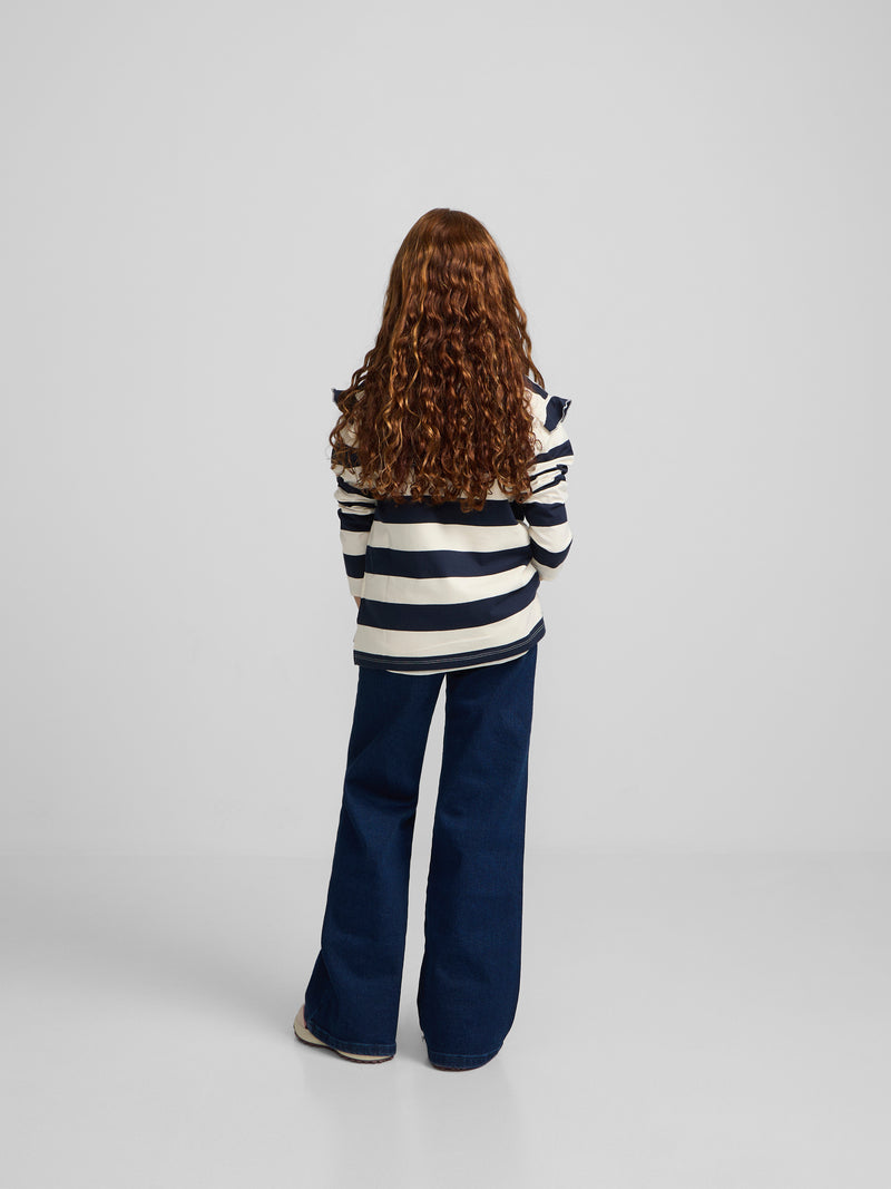 Polo de menina de manga comprida às riscas azul-marinho e cru