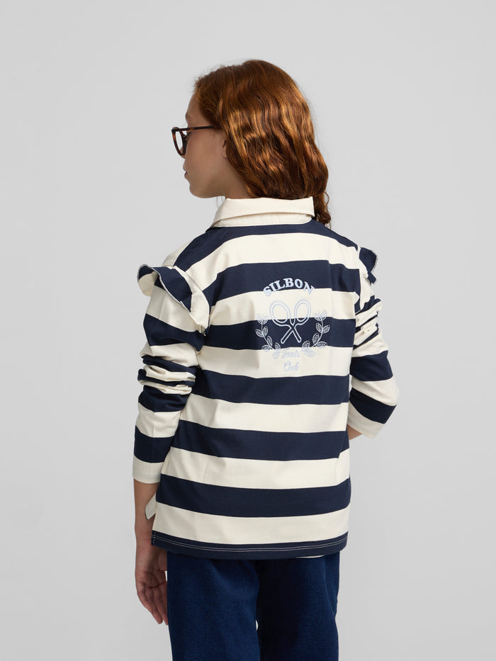 Long-sleeved girl's polo shirt with navy blue and off-white stripes