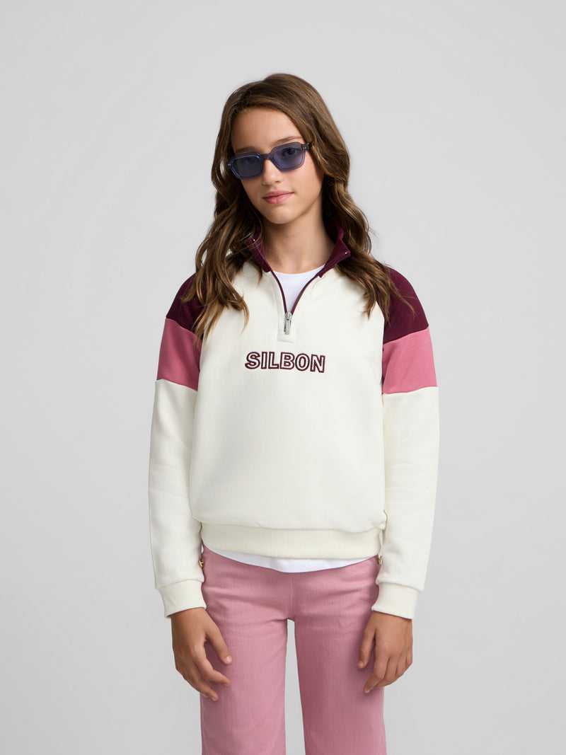 Sweatshirt girl gola alta tricolor rosa e cru