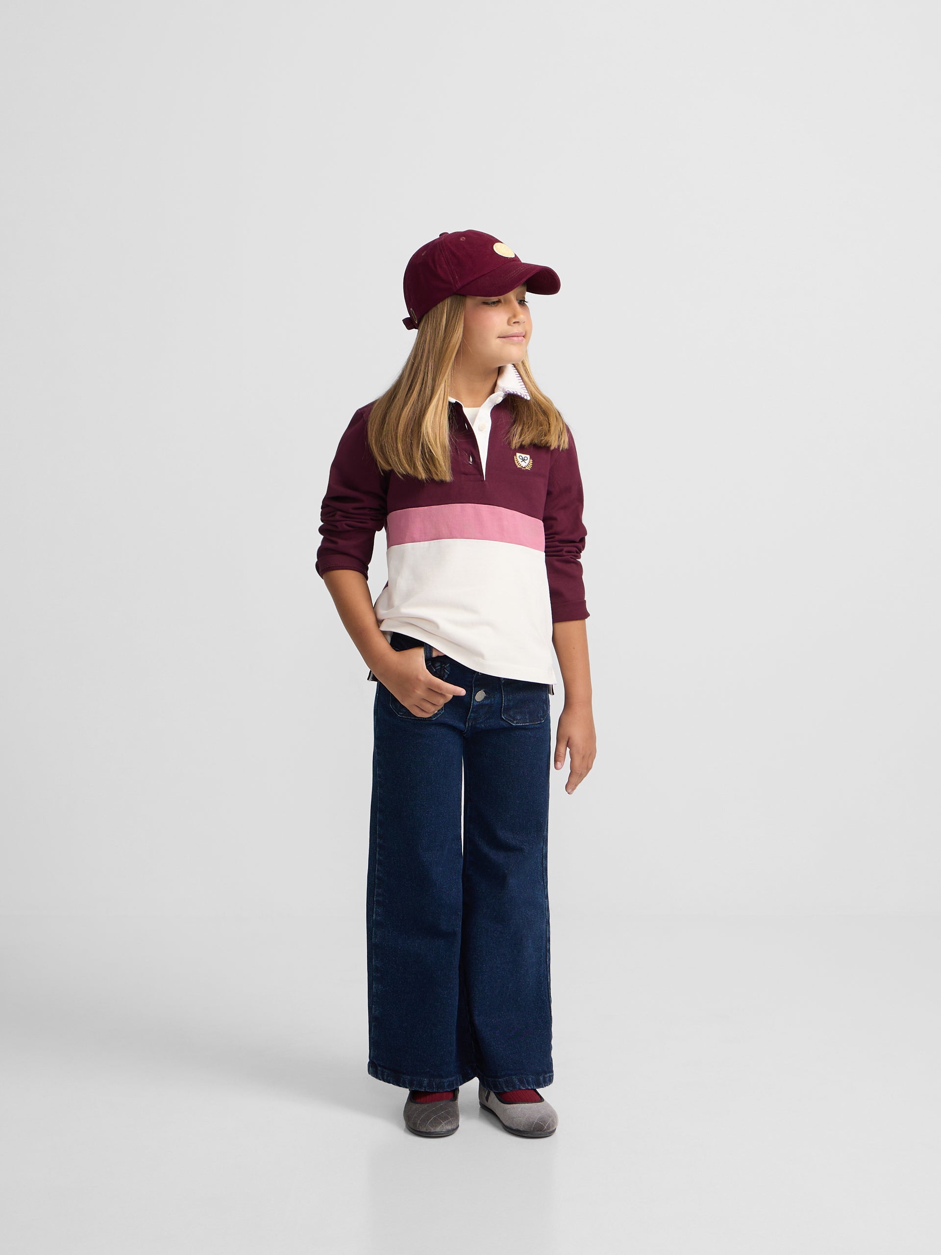 Polo de menina de manga comprida tricolor rosa e cru