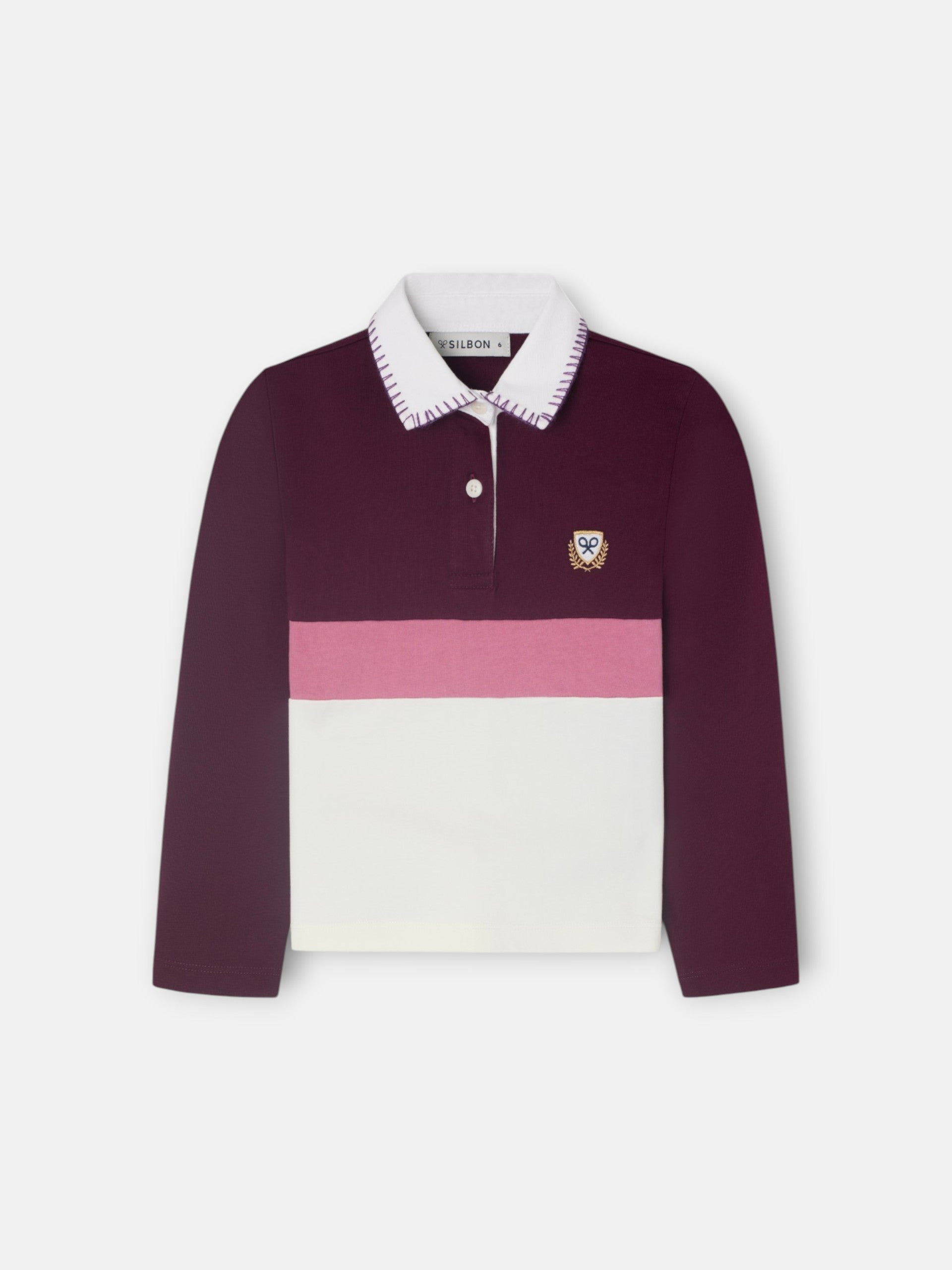 Polo de menina de manga comprida tricolor rosa e cru