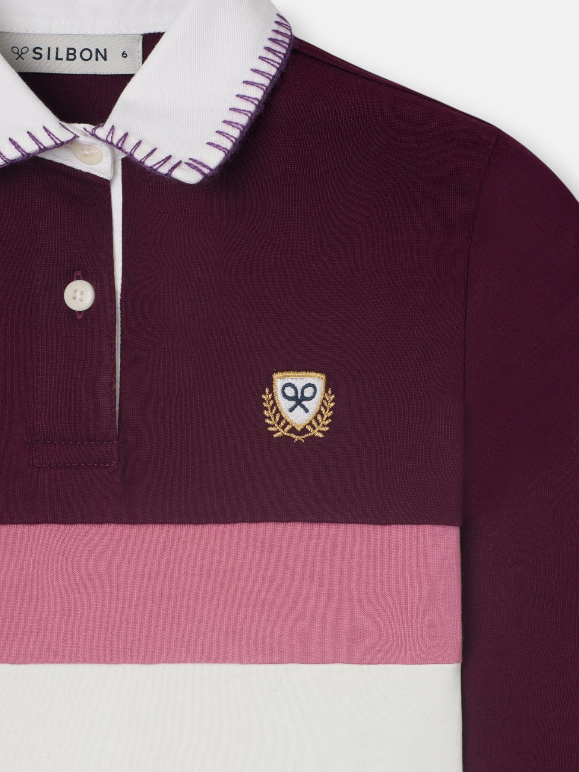 Polo de menina de manga comprida tricolor rosa e cru