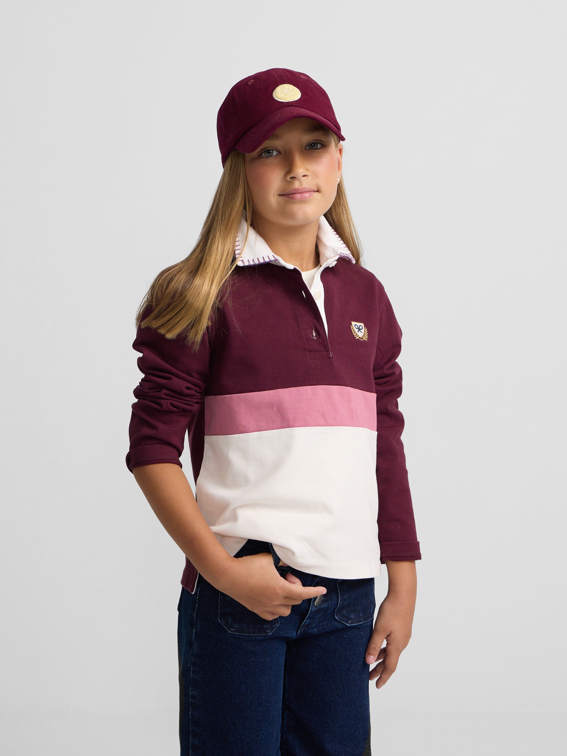 Polo de menina de manga comprida tricolor rosa e cru