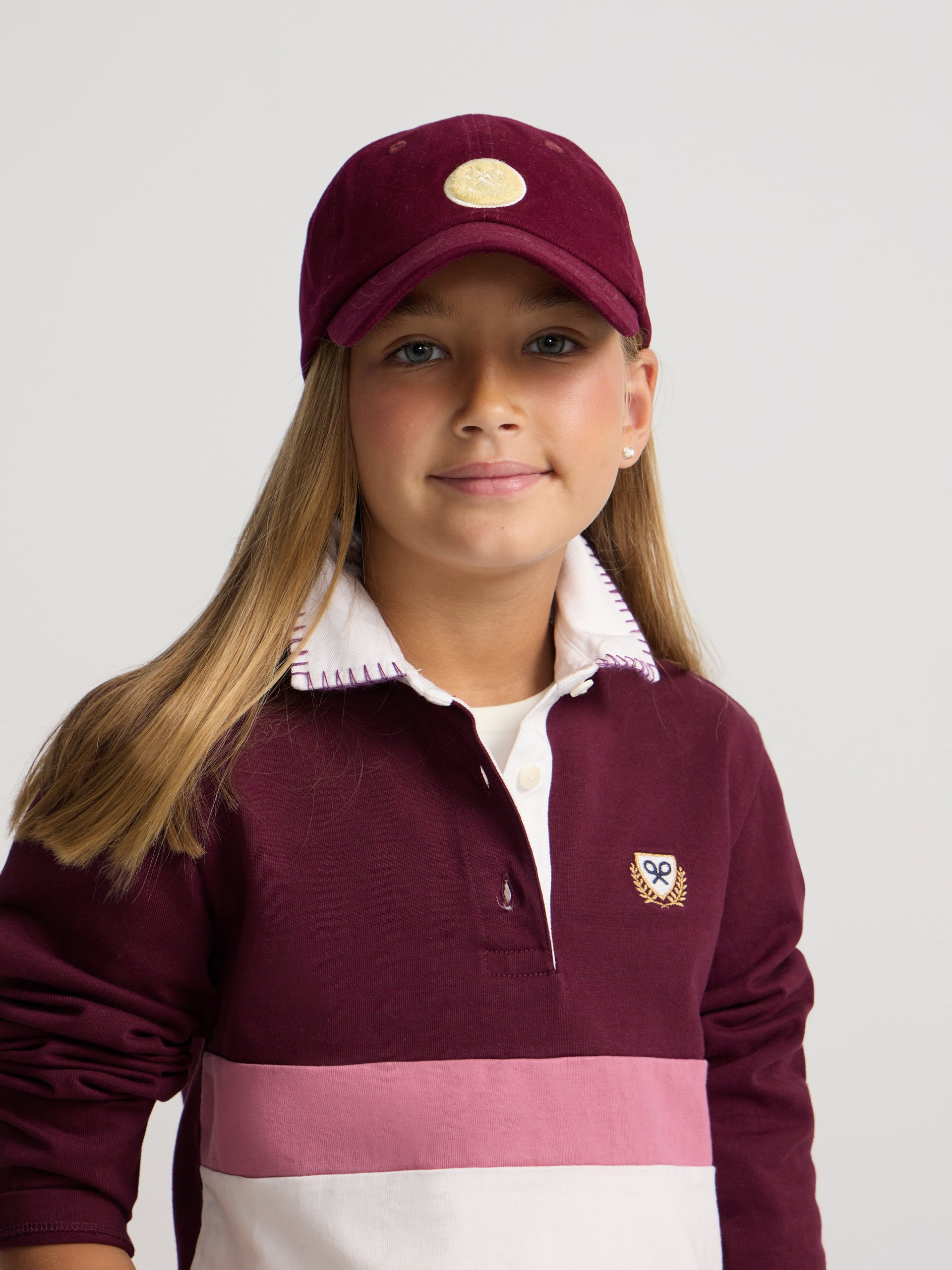 Polo de menina de manga comprida tricolor rosa e cru