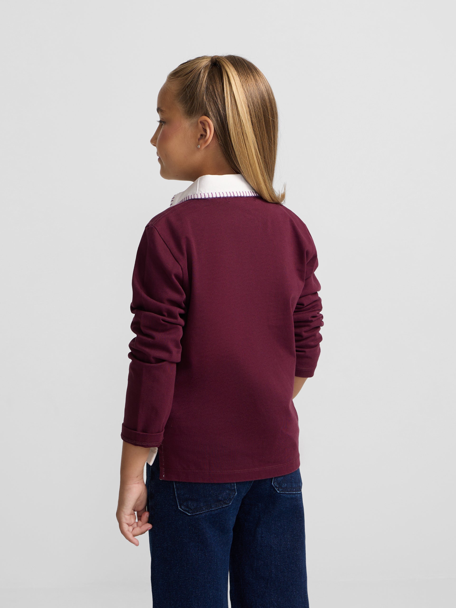 Polo de menina de manga comprida tricolor rosa e cru