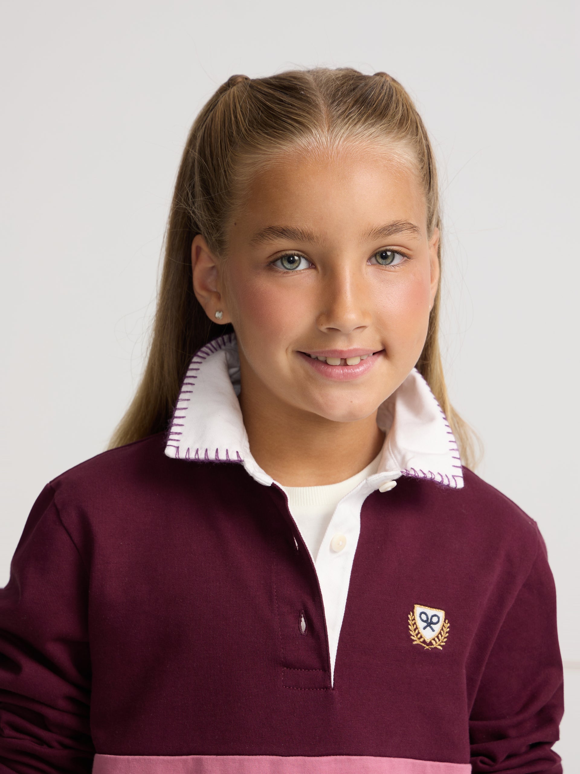 Polo de menina de manga comprida tricolor rosa e cru