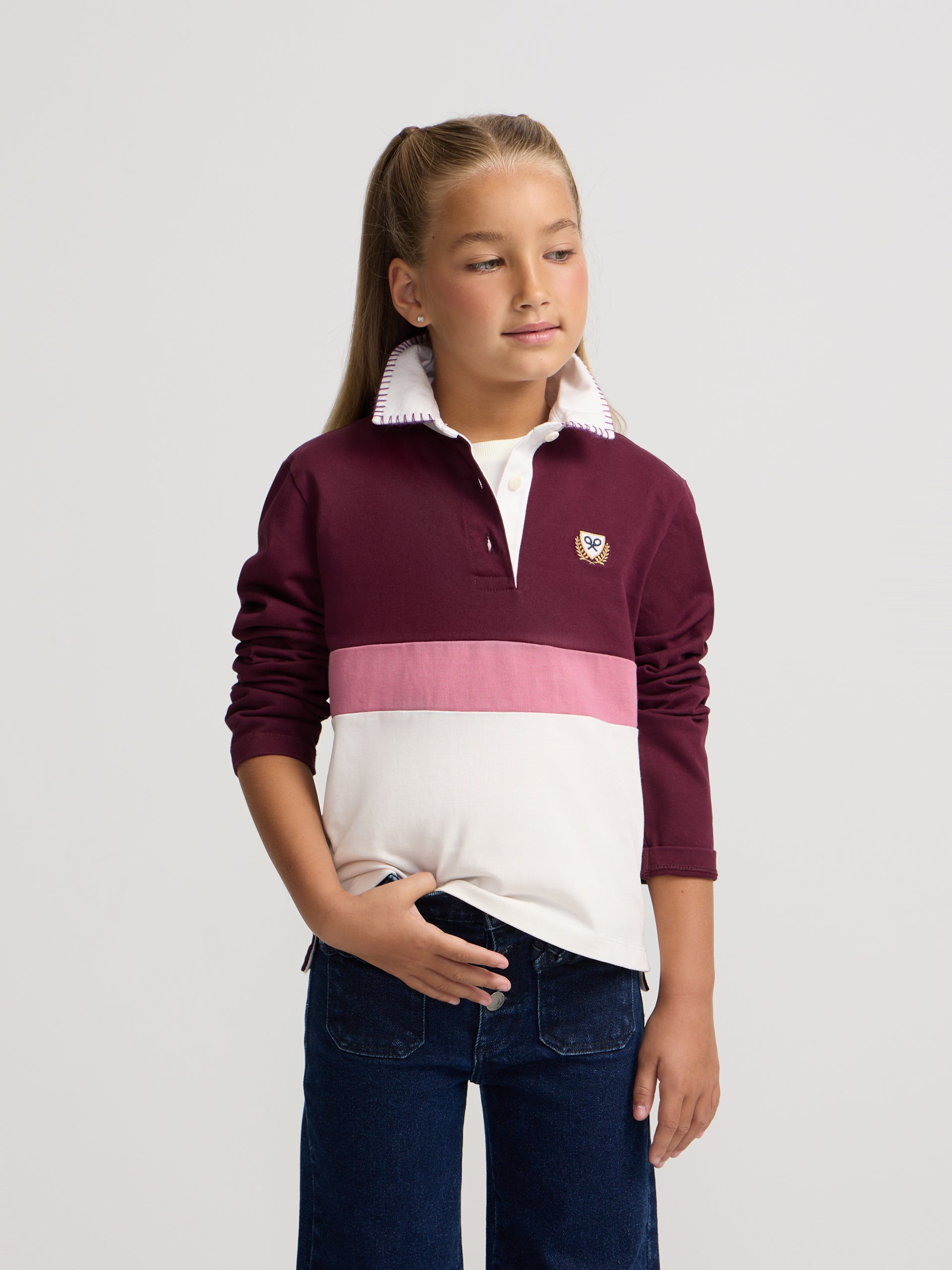 Polo de menina de manga comprida tricolor rosa e cru