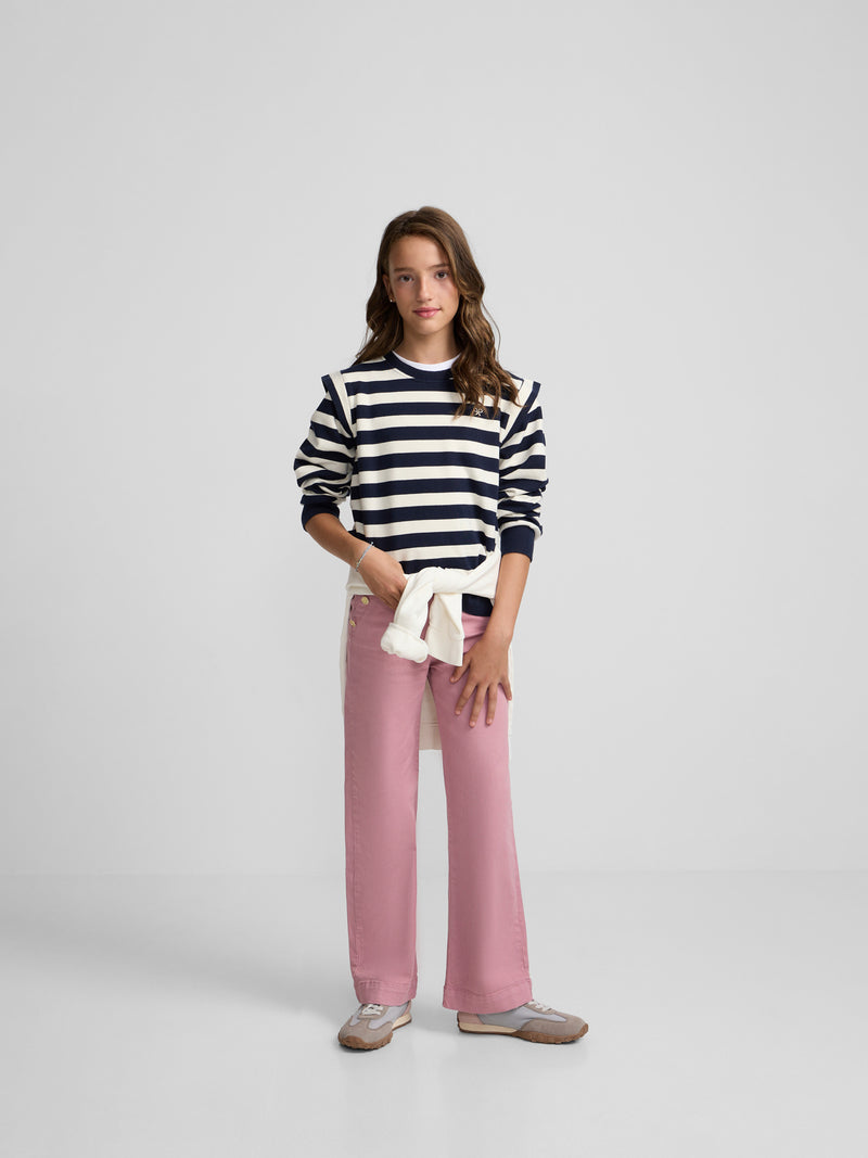 Sweatshirt girl ombreiras riscas azul-marinho e cru