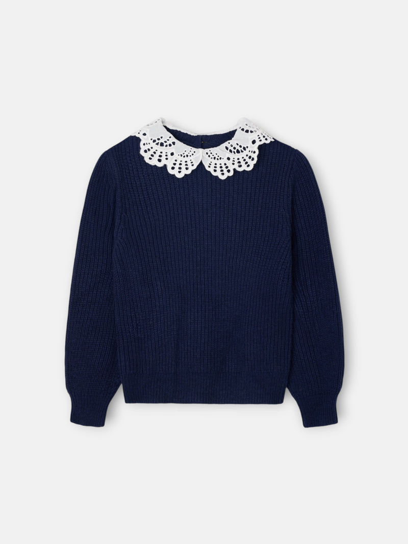 Navy blue girl's sweater with Peter Pan collar