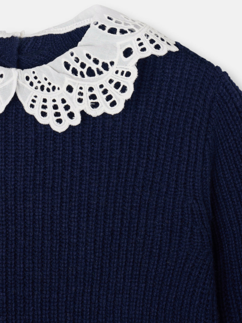 Navy blue girl's sweater with Peter Pan collar