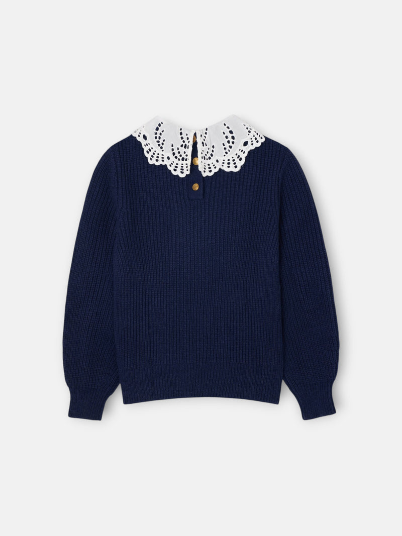 Navy blue girl's sweater with Peter Pan collar