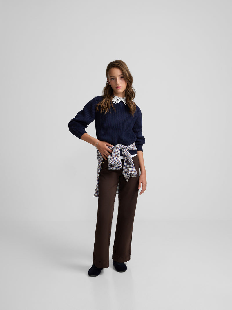 Navy blue girl's sweater with Peter Pan collar