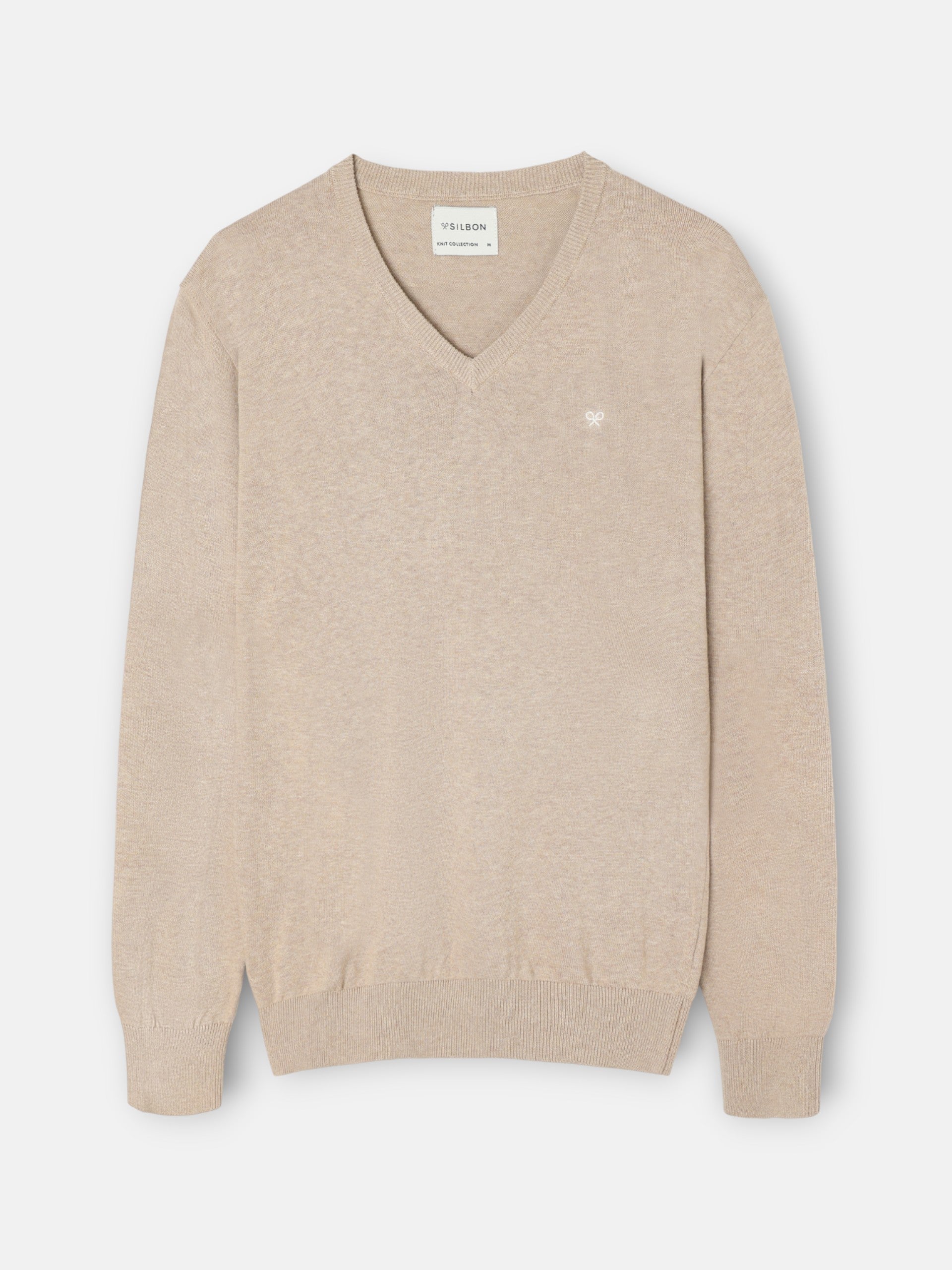 Pull uni col en V marron clair