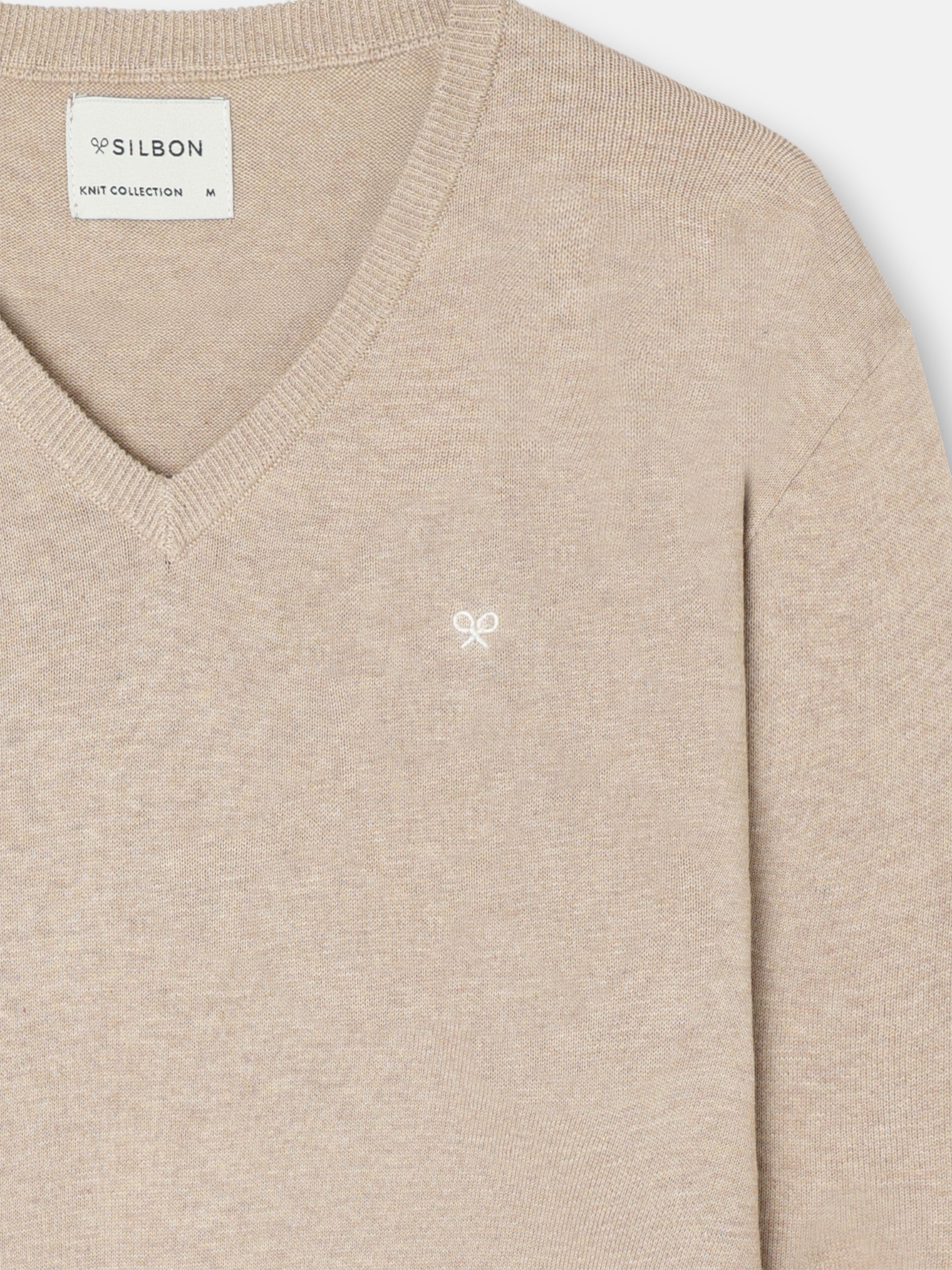 Pull uni col en V marron clair