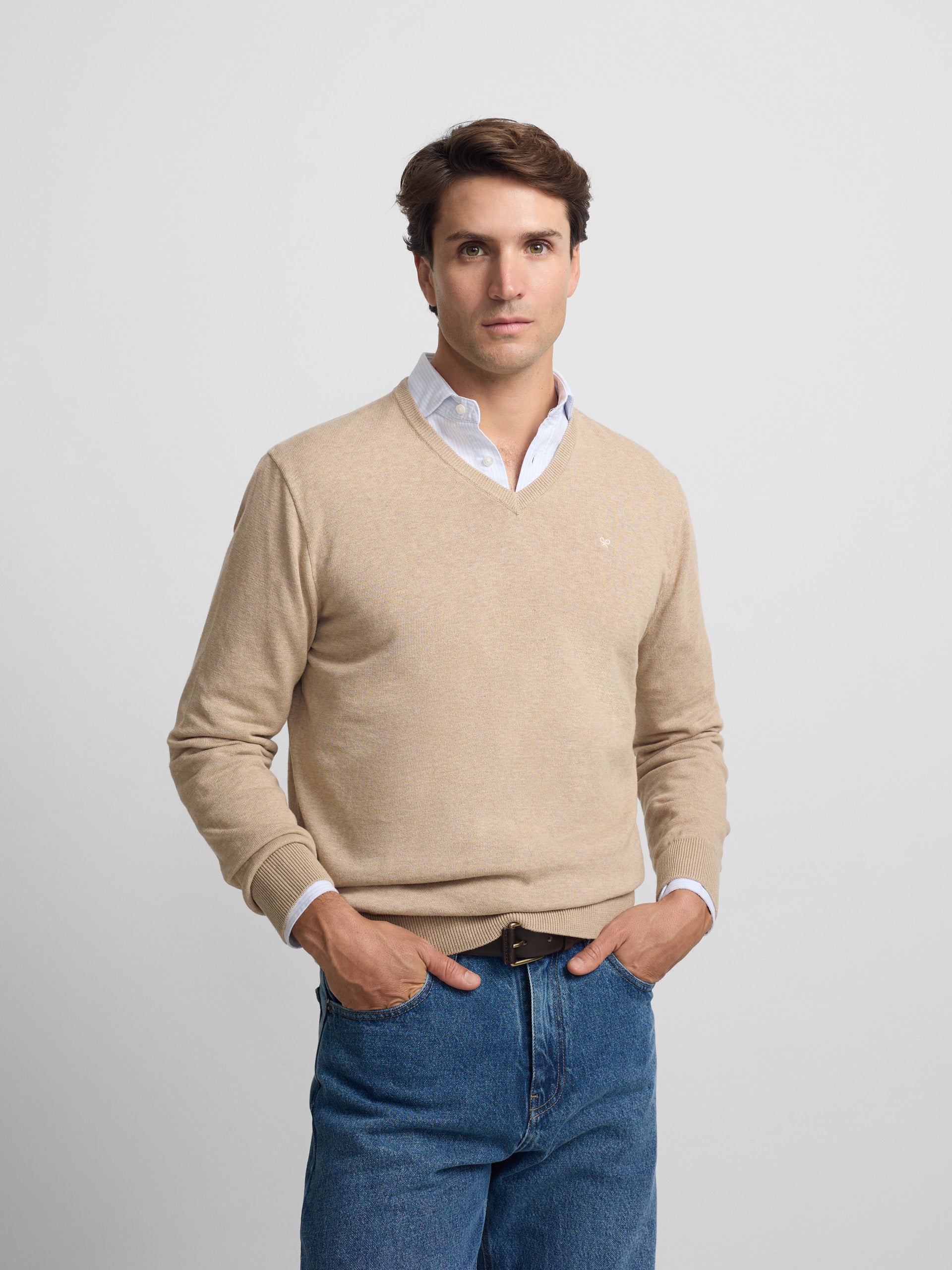Pull uni col en V marron clair