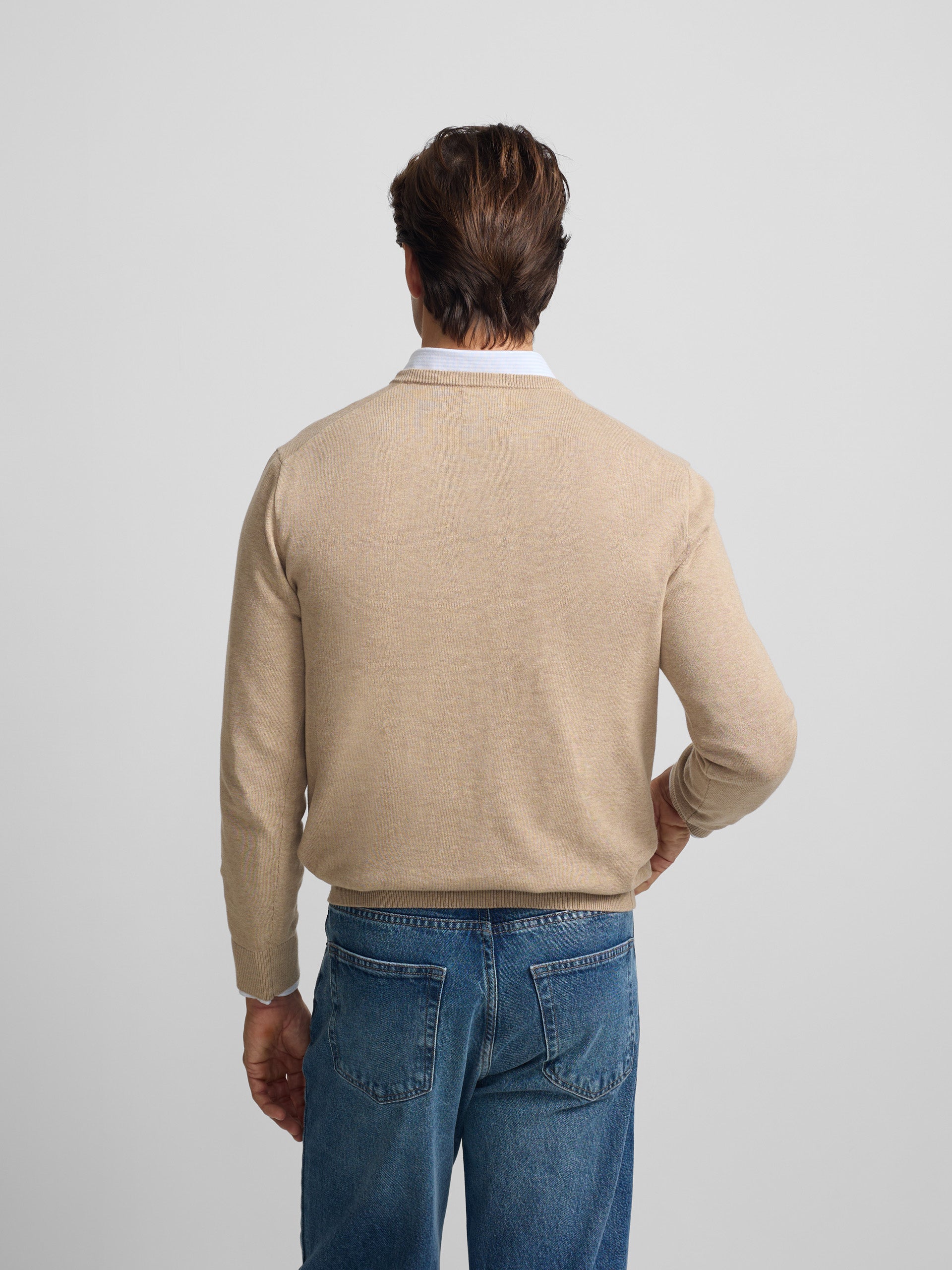 Pull uni col en V marron clair