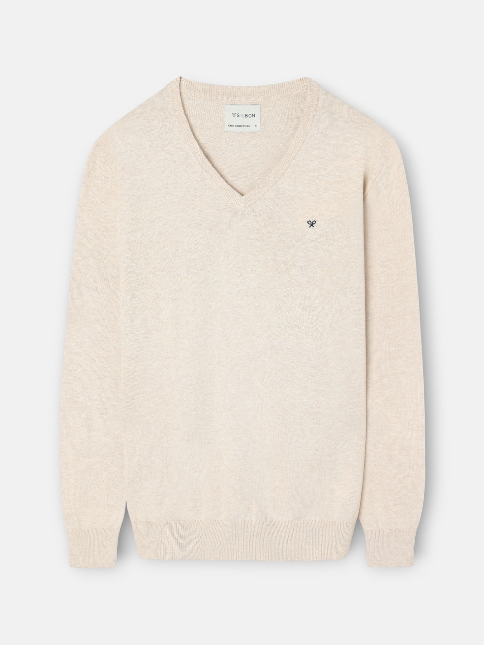 Pull uni col en V crème