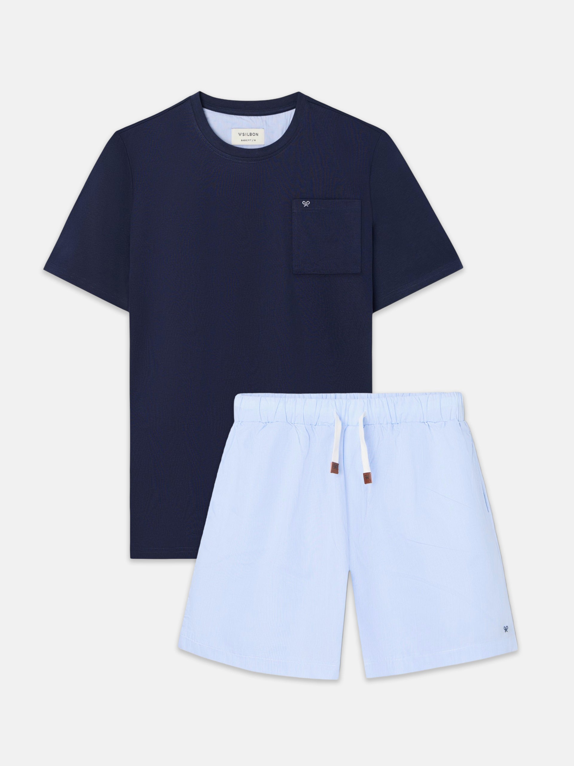 Short pajamas with navy blue striped pocket