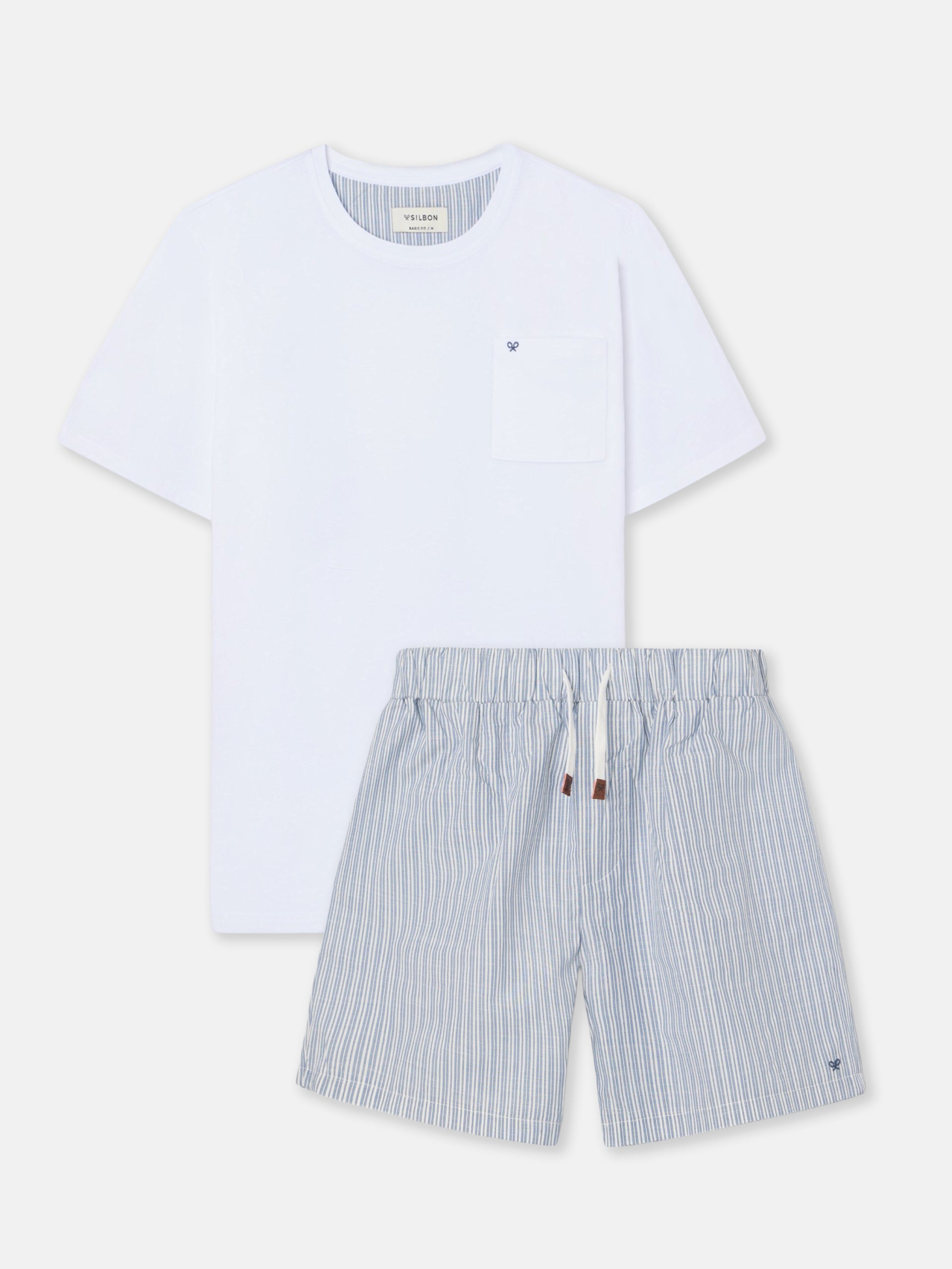 Short pajamas with blue and gray striped pocket