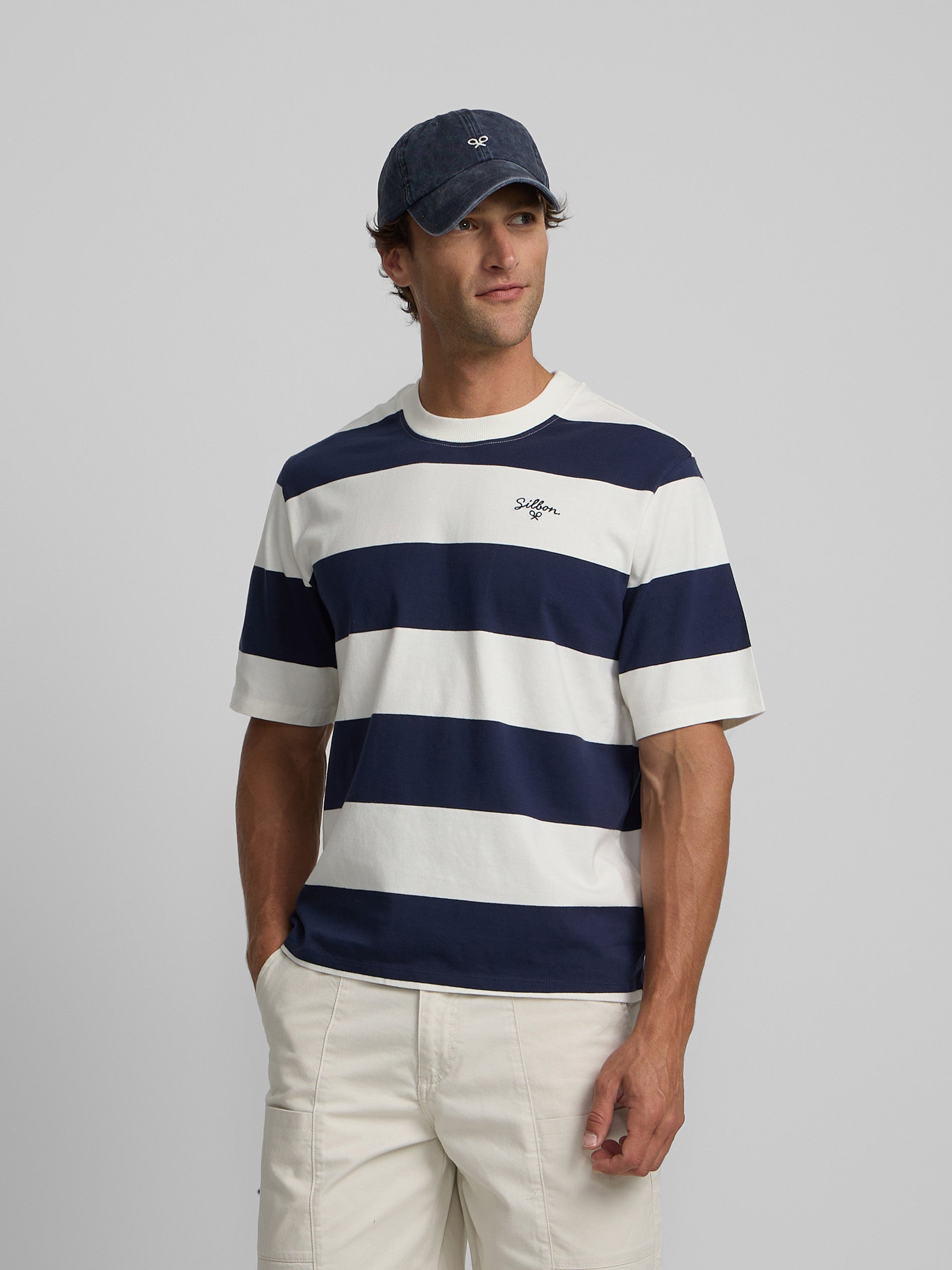 Special fit wide stripe navy t-shirt