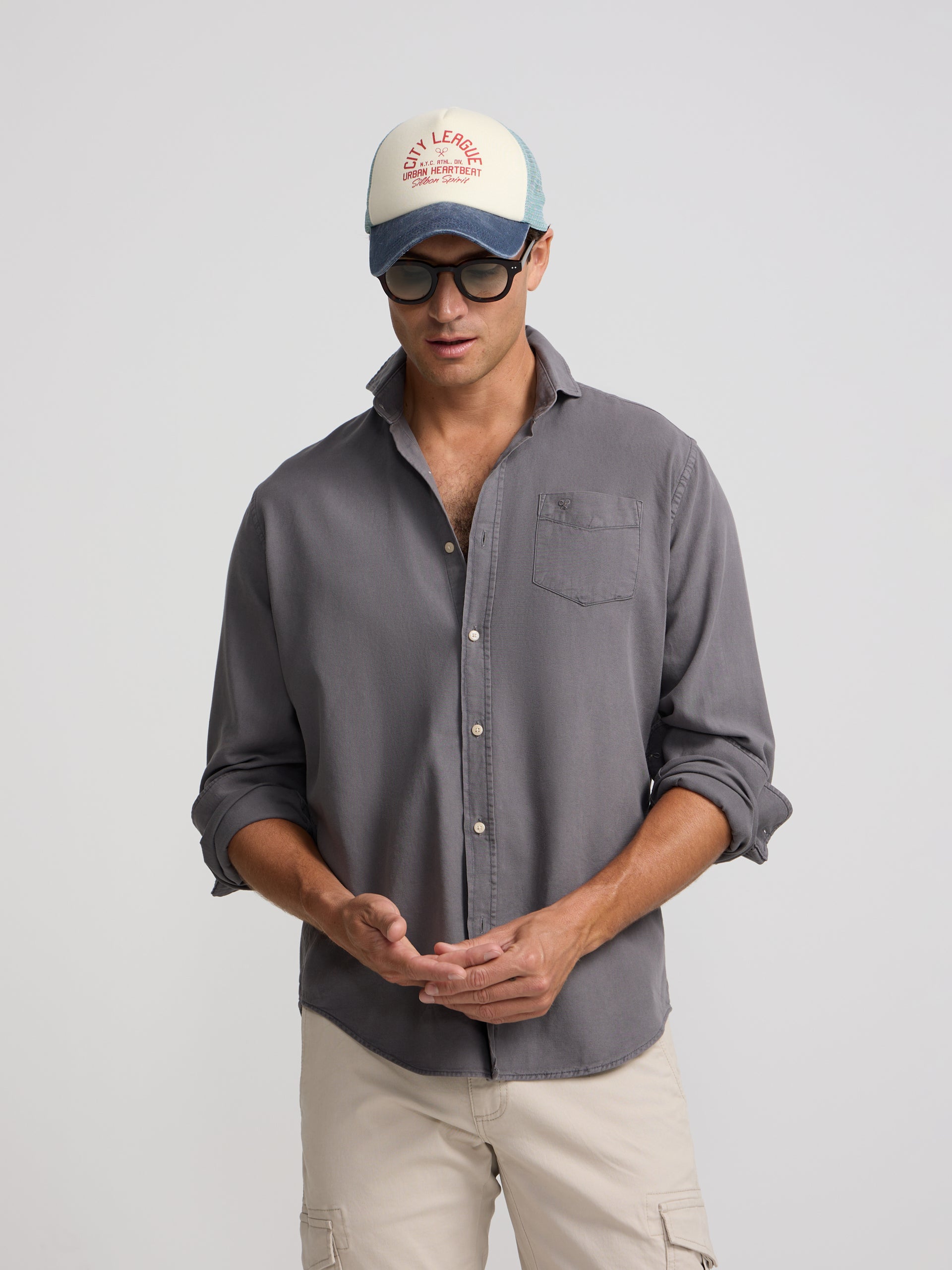 Grey worn pocket sport shirt