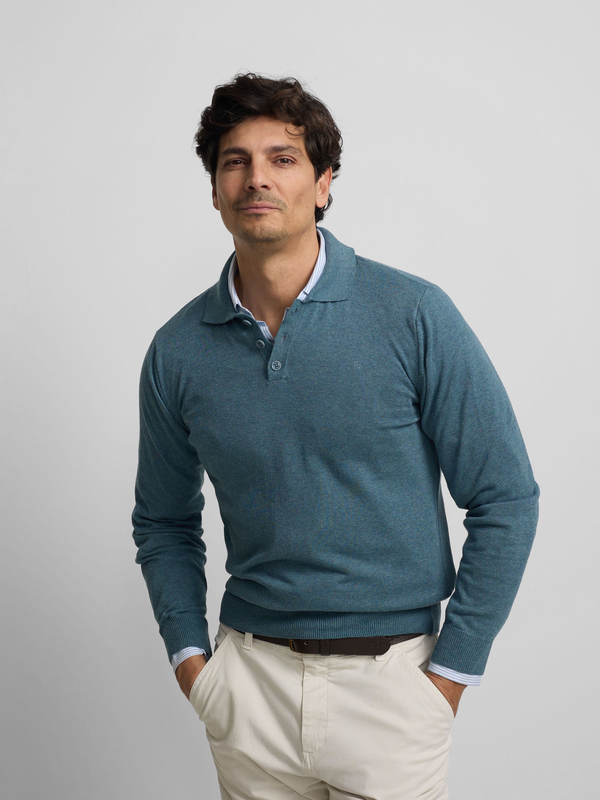 Pull col polo bleu pétrole