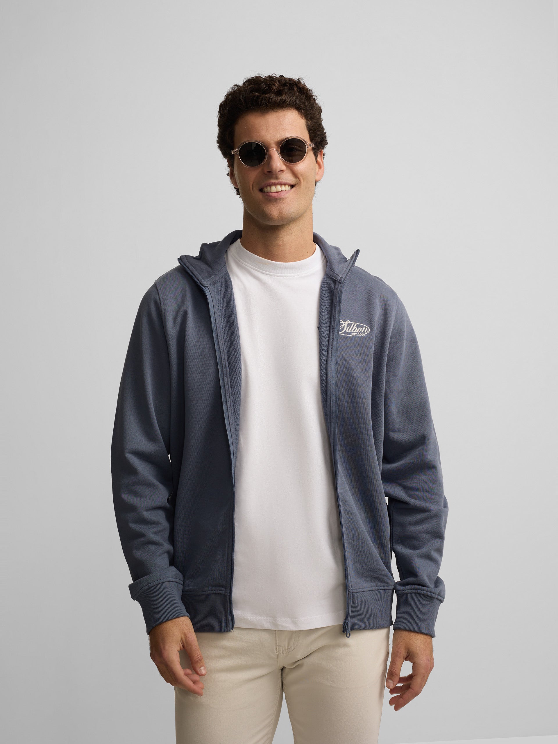 Indigo blue embroidered zip-up sweatshirt