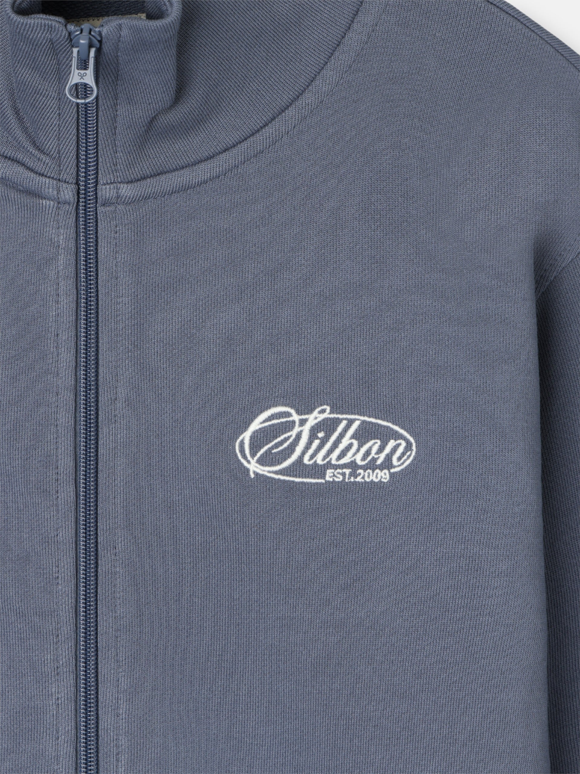 Indigo blue embroidered zip-up sweatshirt