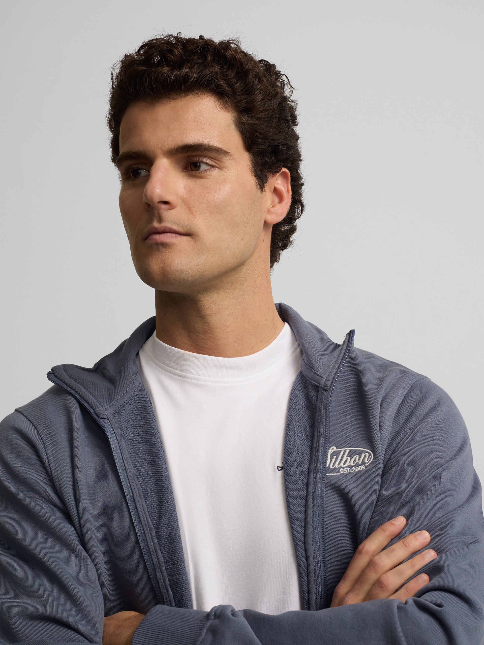 Indigo blue embroidered zip-up sweatshirt
