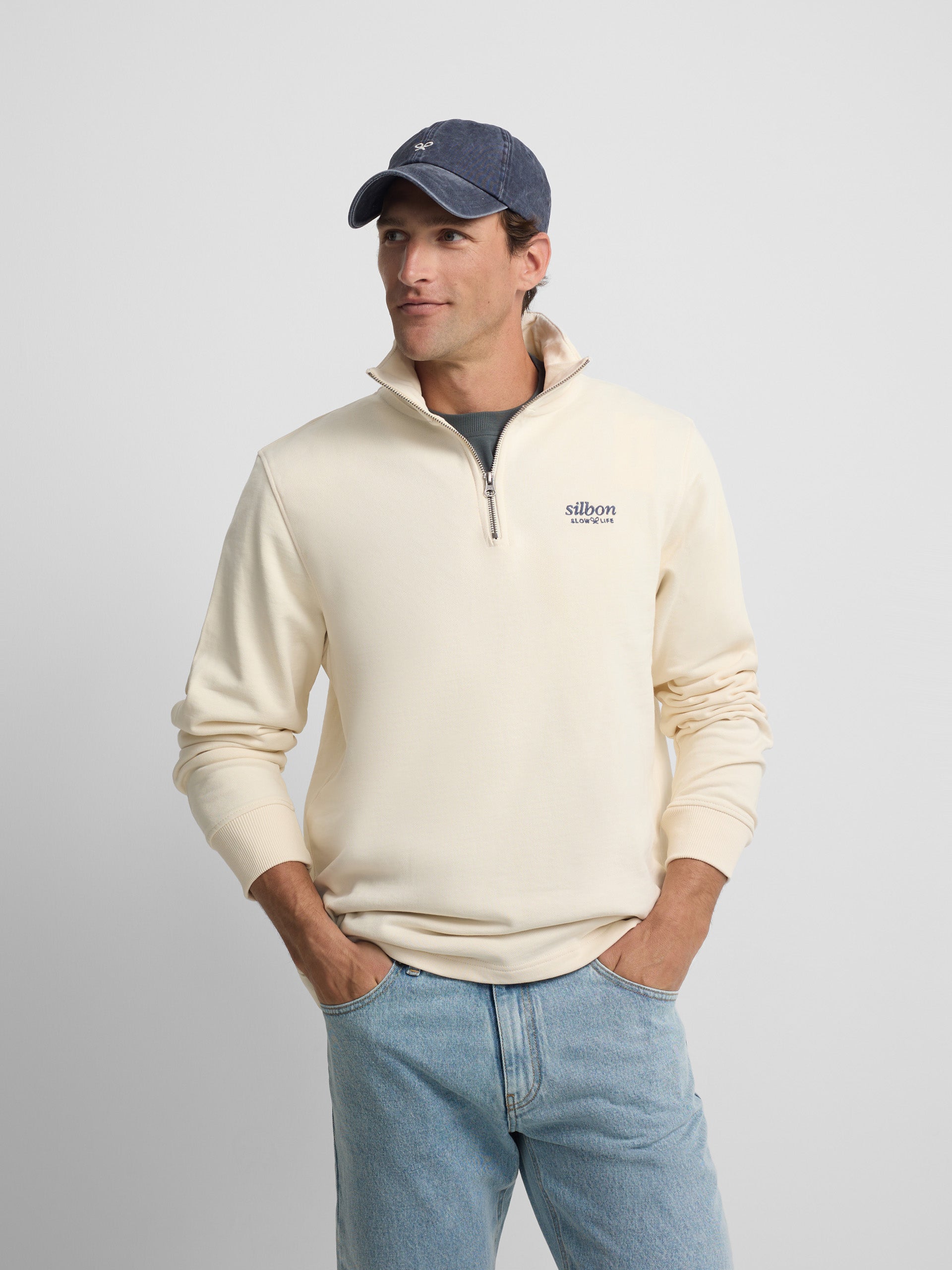 Half-zip slow life sweatshirt in cream