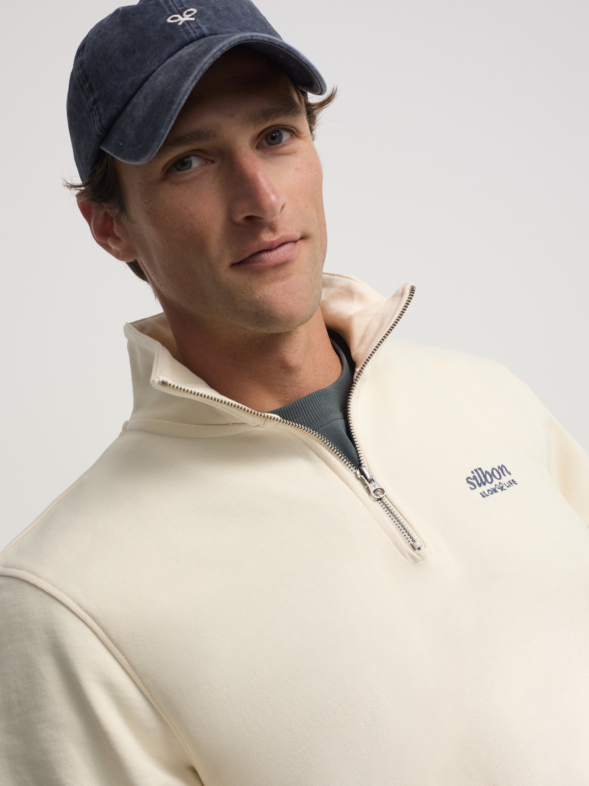 Half-zip slow life sweatshirt in cream