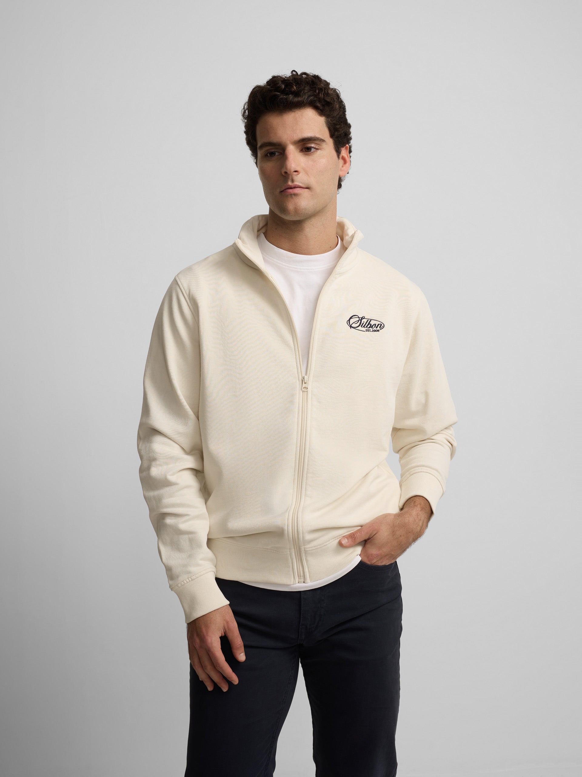 Cream embroidered zip-up sweatshirt