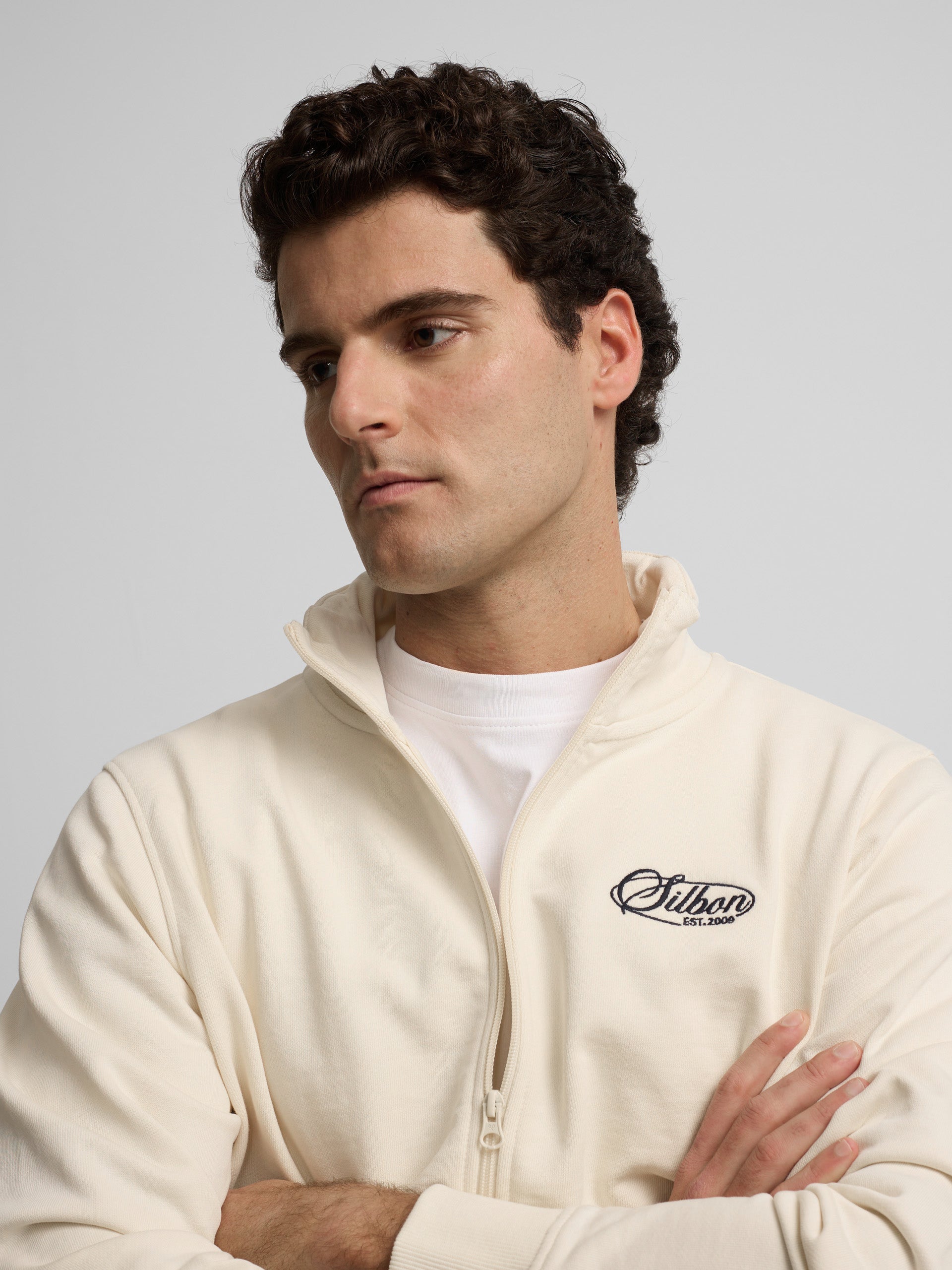 Cream embroidered zip-up sweatshirt