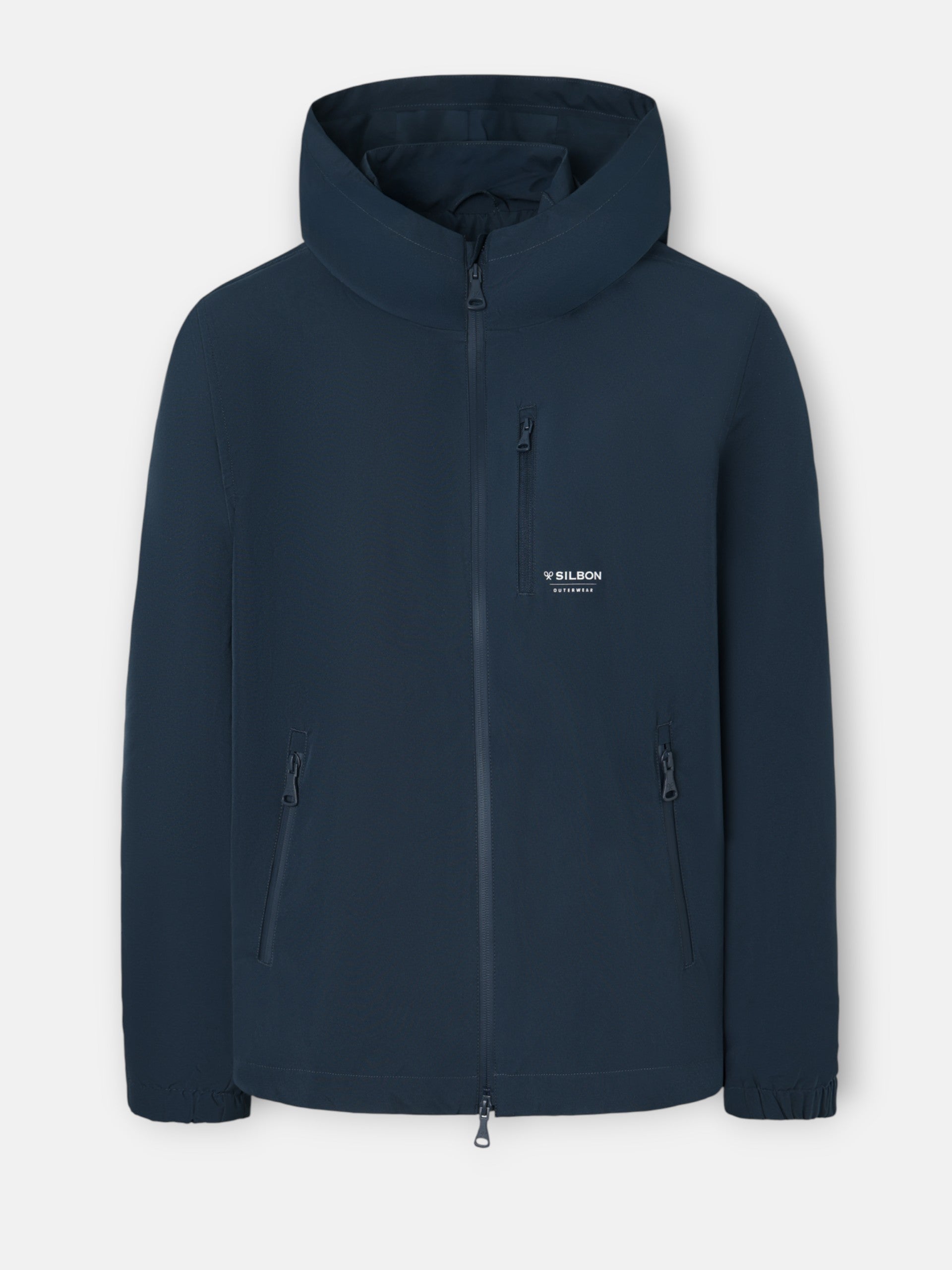 Technical windbreaker with navy blue hood
