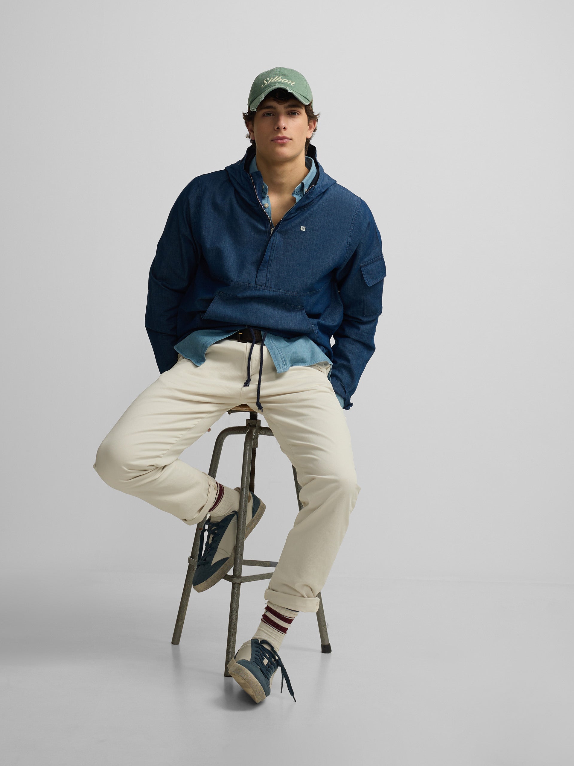 Blue denim windbreaker with hood
