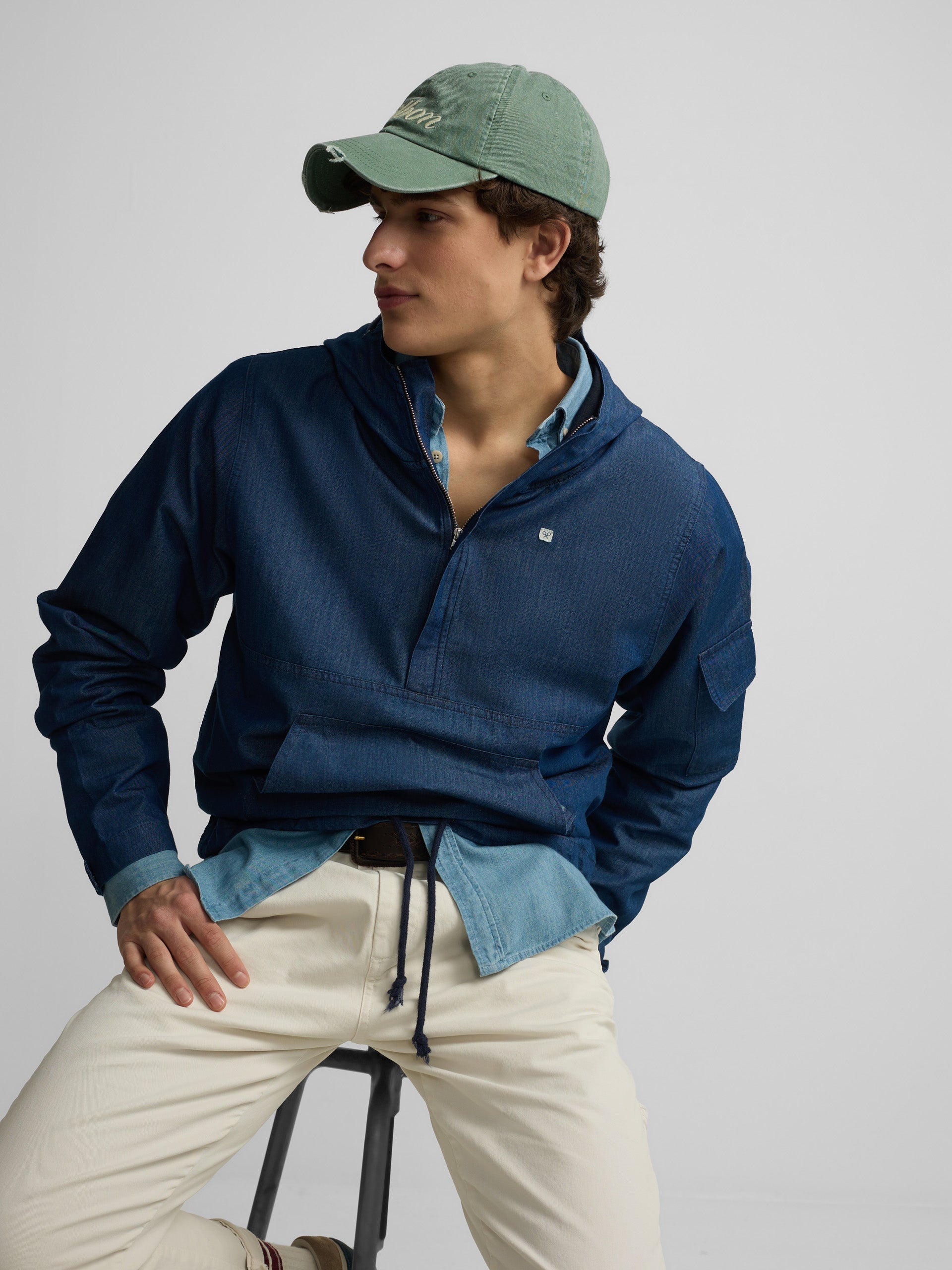 Blue denim windbreaker with hood