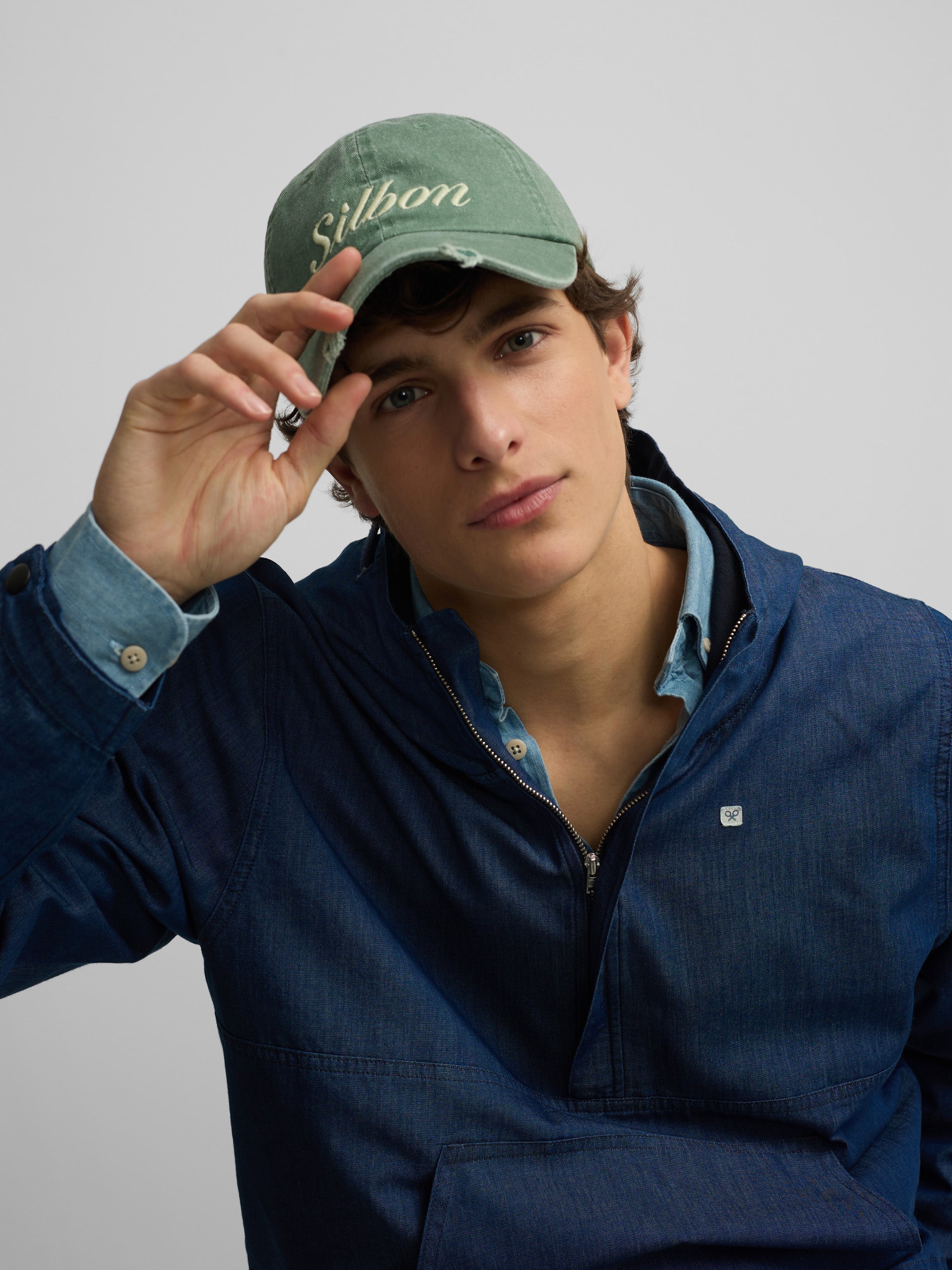Blue denim windbreaker with hood