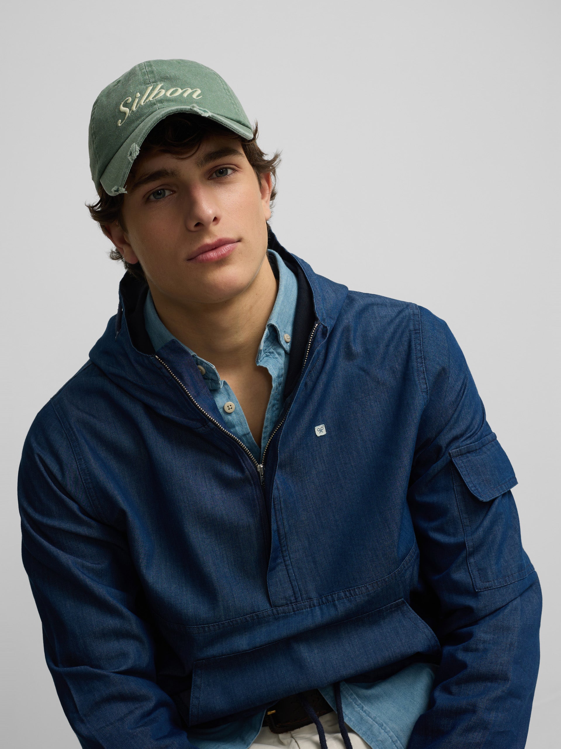 Blue denim windbreaker with hood